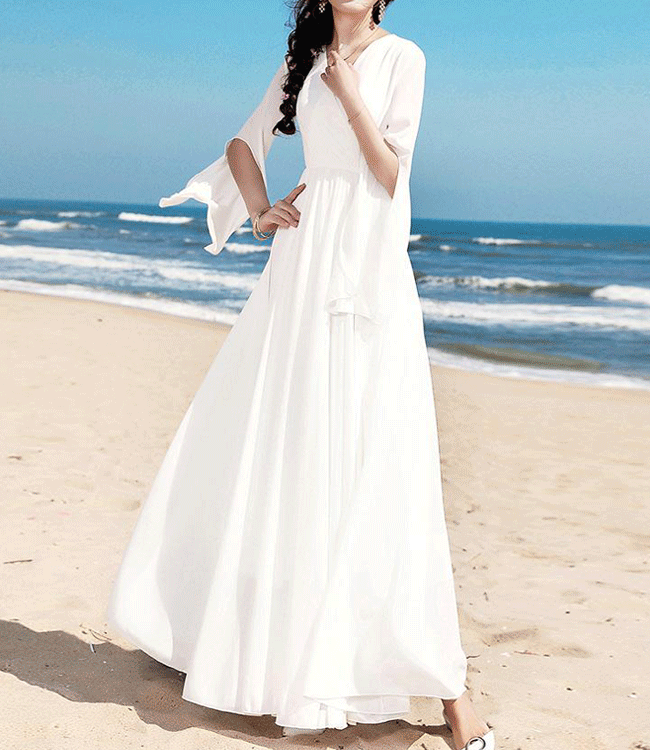 [여행룩/촬영룩]해변 여신 슬리브 절개 롱 드레스