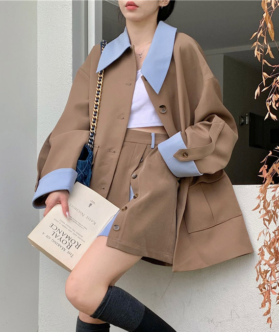 [봄옷]세미정장 배색 카라 자켓/슬릿 하이웨스트 스커트 코디세트